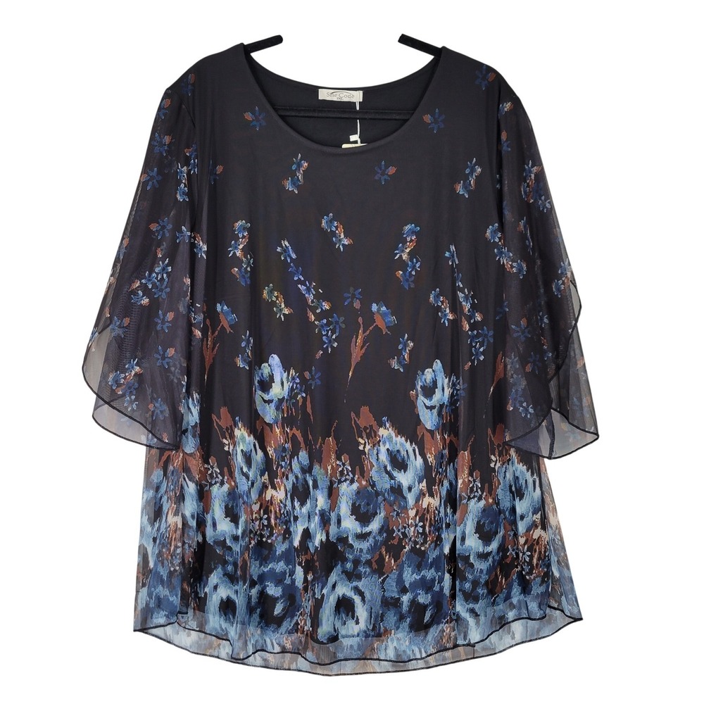 Sese Code Floral Mesh Top‎ Women 3XL Black Blue Split Flutter Sleeve Tunic